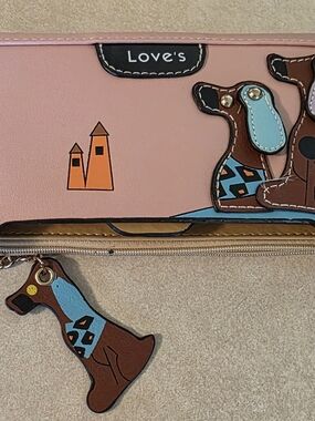 Love Pink Wallet with Brown Dog Applique and Blue Accents